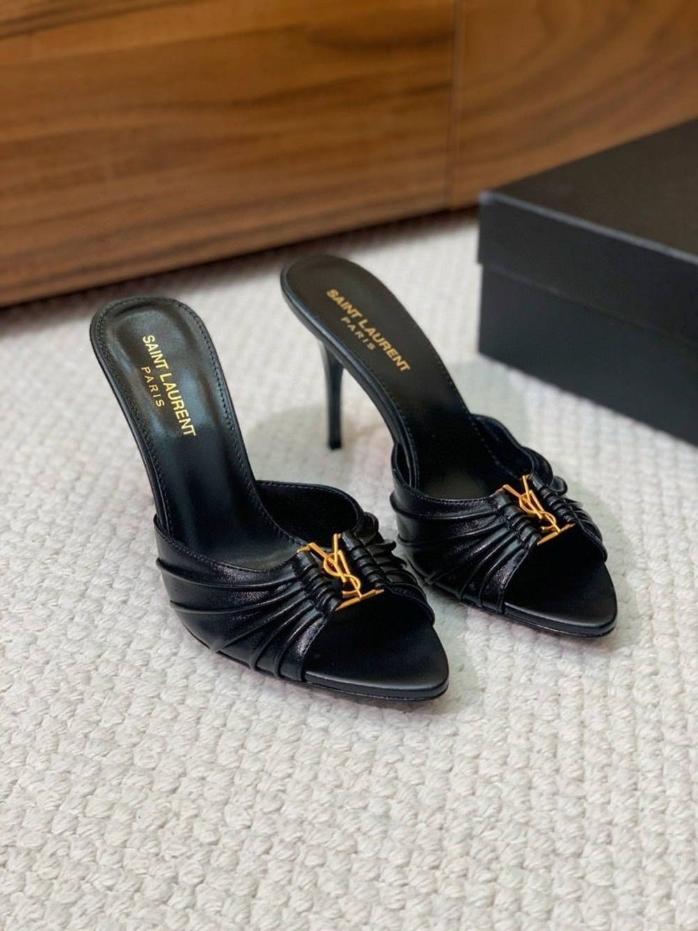 Yves Saint Laurent Black Pointed Toe Mules with Gold YSL Logo - Picture 4 of 4
